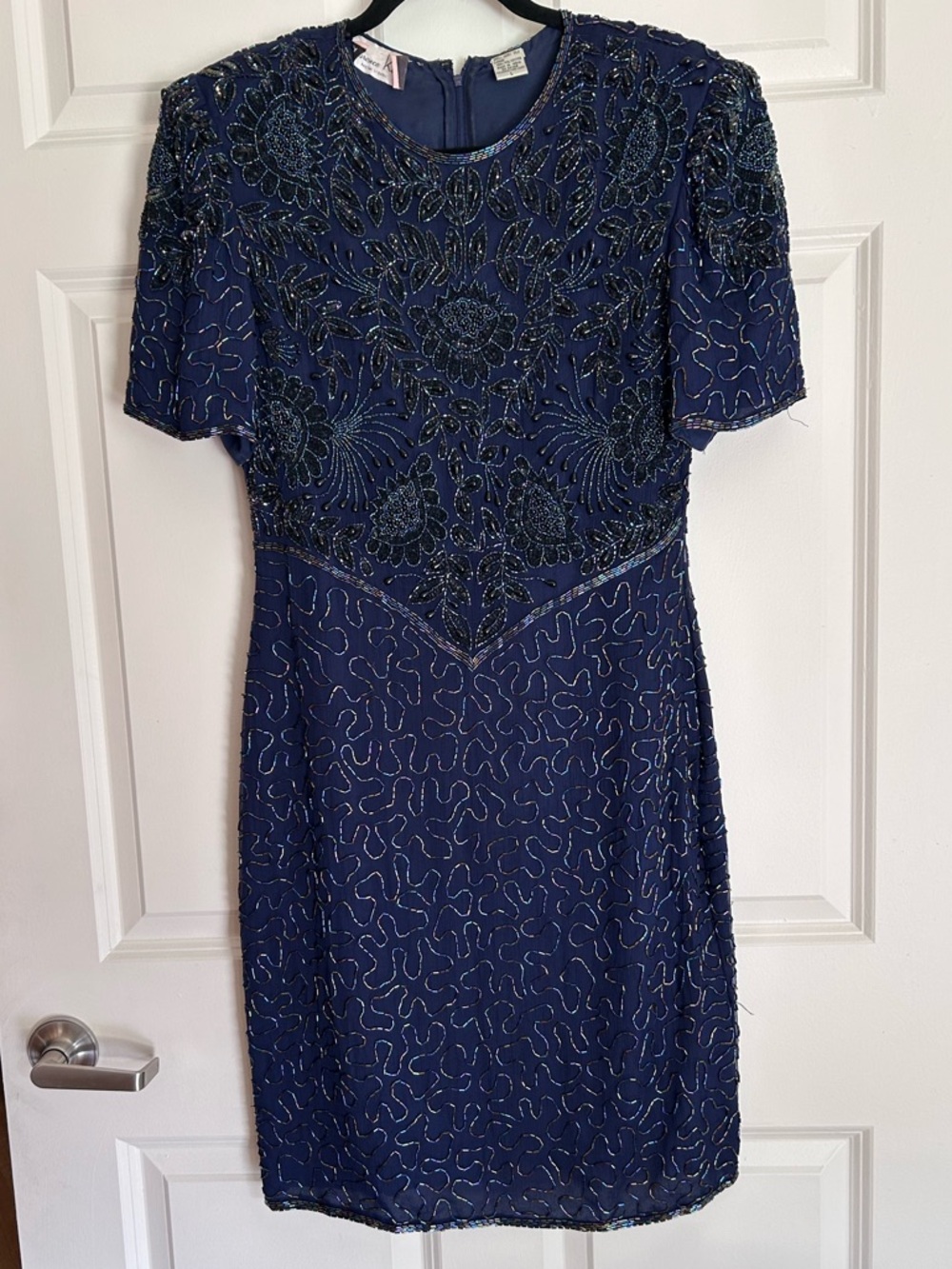 Laurence Kazar Navy Beaded Short Sleeve Dress